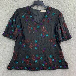 Vtg Silk Elegant Wear Sequin Blouse Beaded Womens Top Sz *Large /XL Floral Party